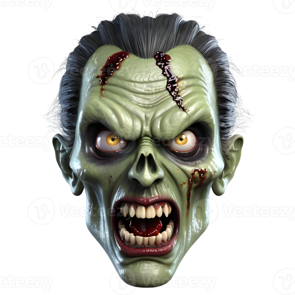 AI generated 3d character Scary Zombie face, 3d rendering style in transparent background png