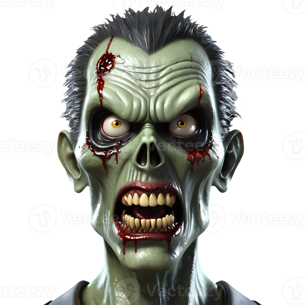 AI generated 3d character Scary Zombie face, 3d rendering style in transparent background png