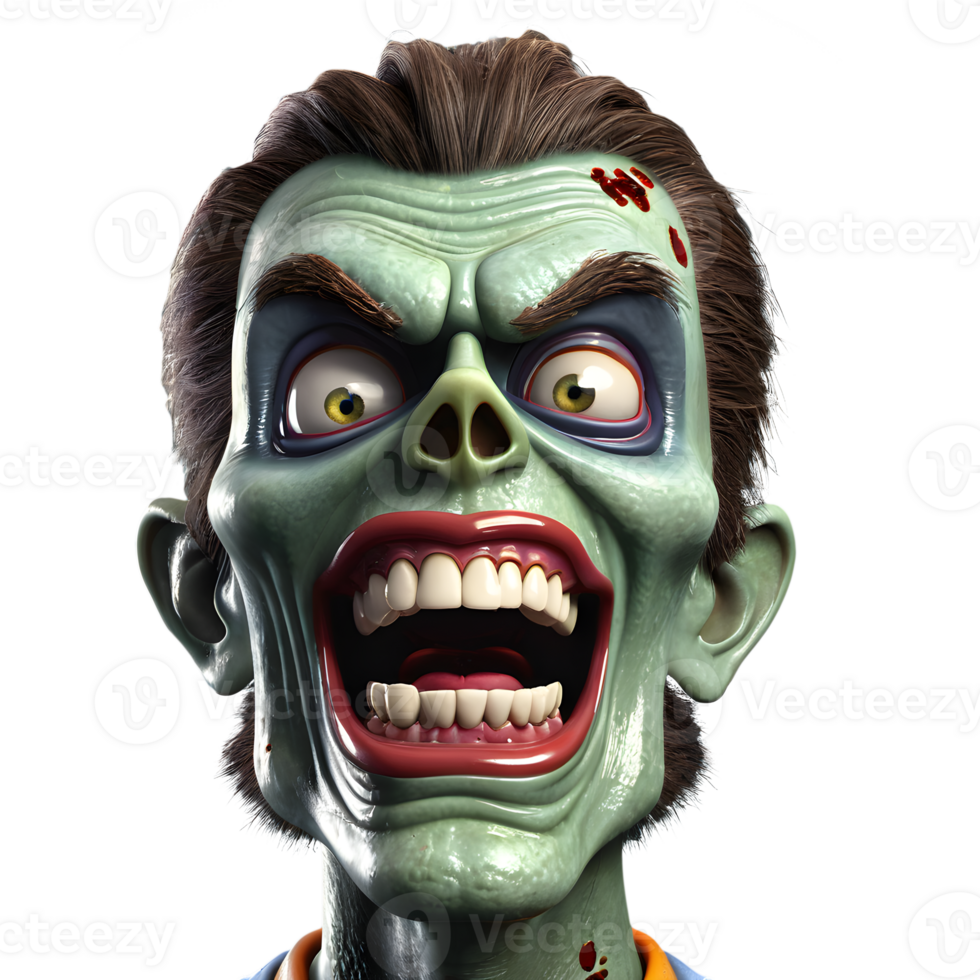 AI generated 3d character Scary Zombie face, 3d rendering style in transparent background png