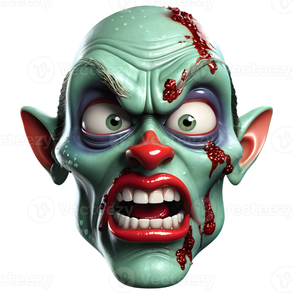 AI generated 3d character Scary Zombie face, 3d rendering style in transparent background png