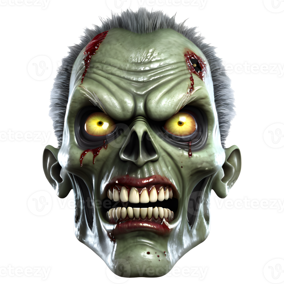 AI generated 3d character Scary Zombie face, 3d rendering style in transparent background png