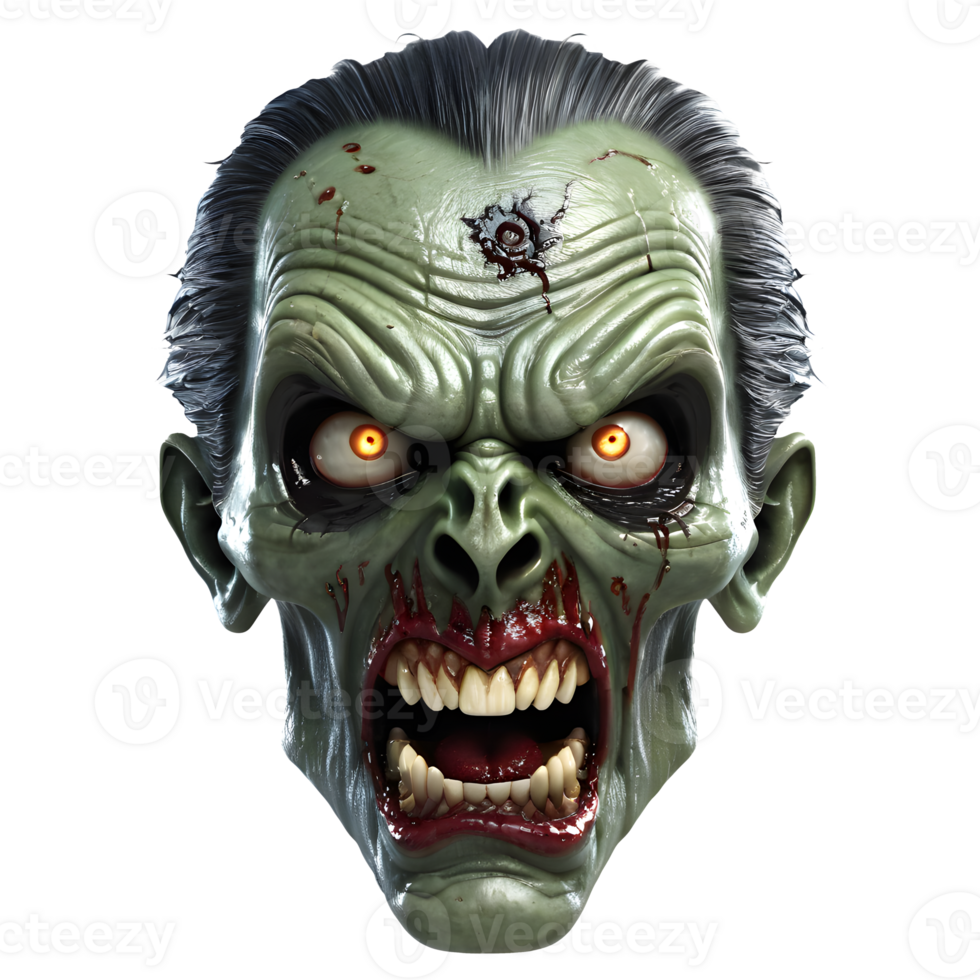 AI generated 3d character Scary Zombie face, 3d rendering style in transparent background png