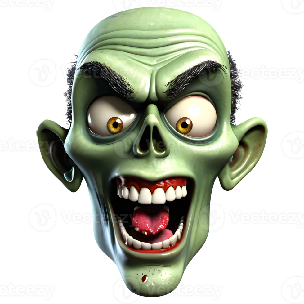 AI generated 3d character Scary Zombie face, 3d rendering style in transparent background png