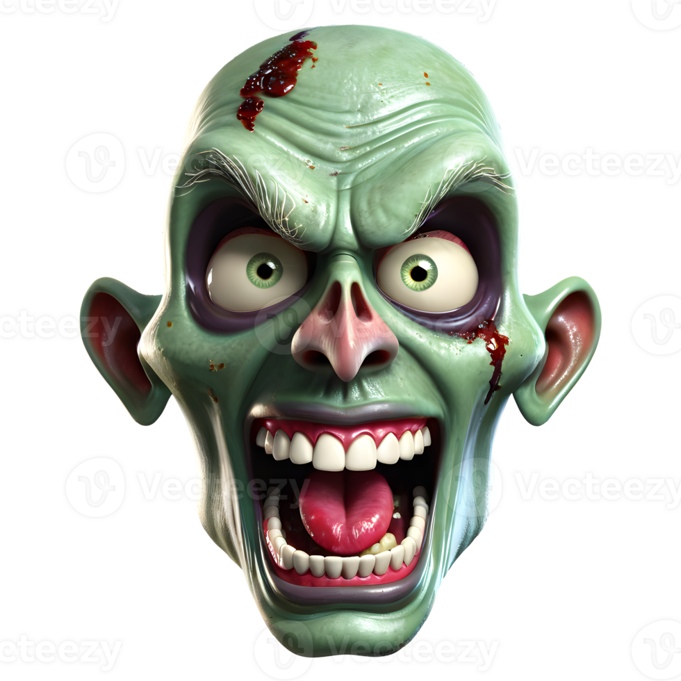 AI generated 3d character Scary Zombie face, 3d rendering style in transparent background png