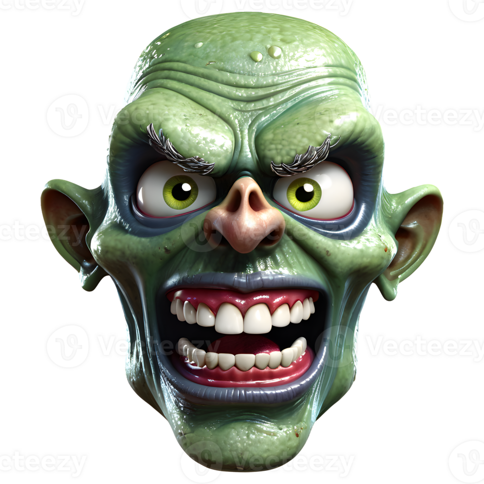 AI generated 3d character Scary Zombie face, 3d rendering style in transparent background png