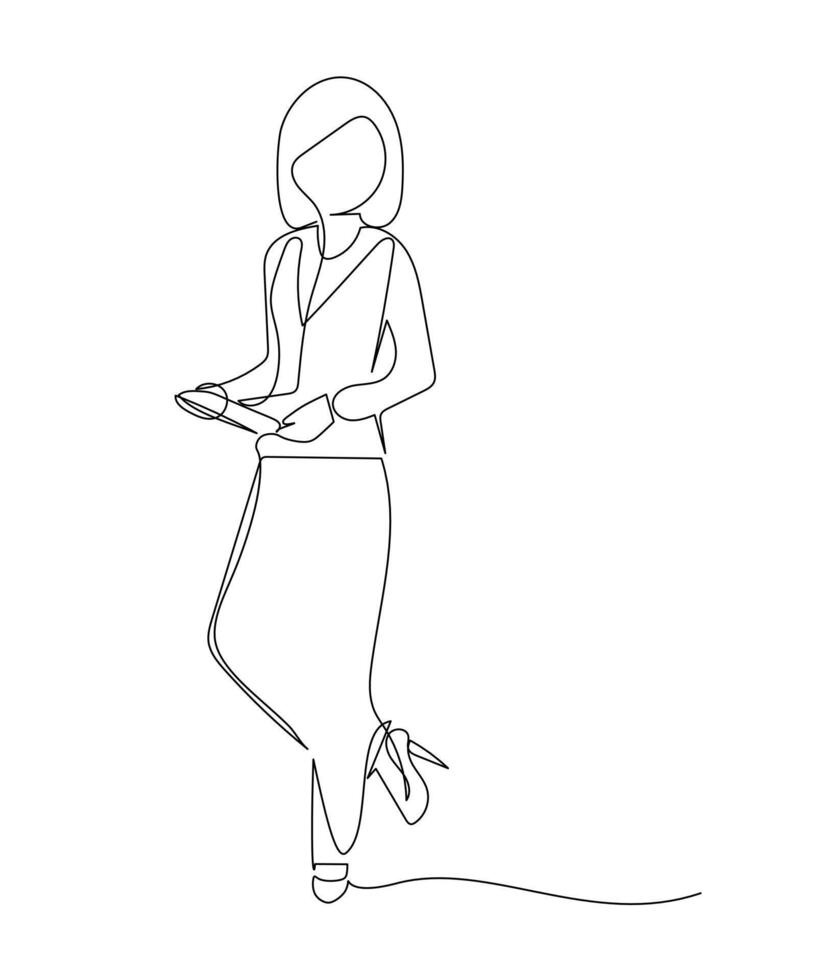 Continuous one line drawing of young cute female worker standing while holding a tab. Success business manager. Minimalist concept. Trendy single line draw design vector graphic illustration