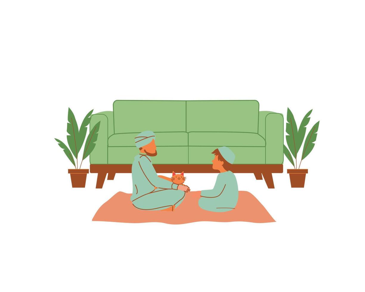 hombre y su niño sentado en el piso y jugando con un gato. plano vector ilustración. animal Fomentando y adopción diseño y concepto