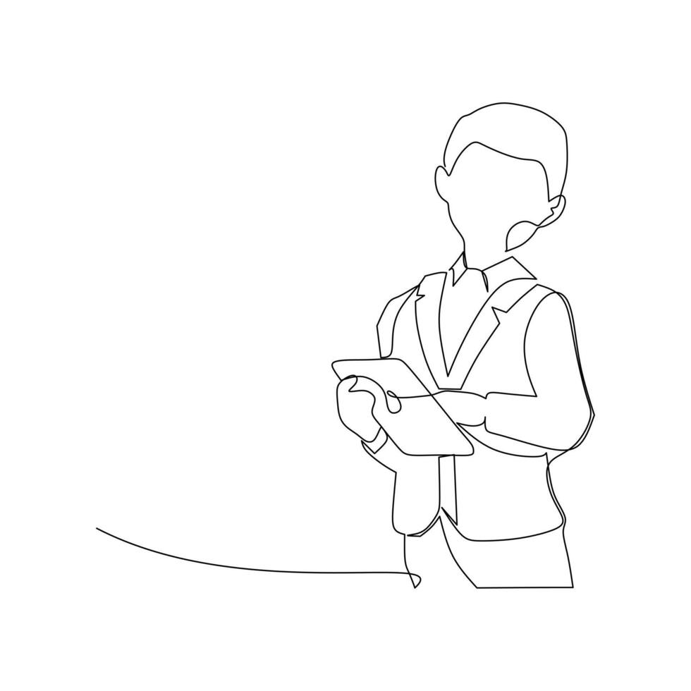 Single continuous line drawing of young male workert holding report paper pose cross arms. Professional work job occupation. Minimalism concept one line draw graphic design vector illustration