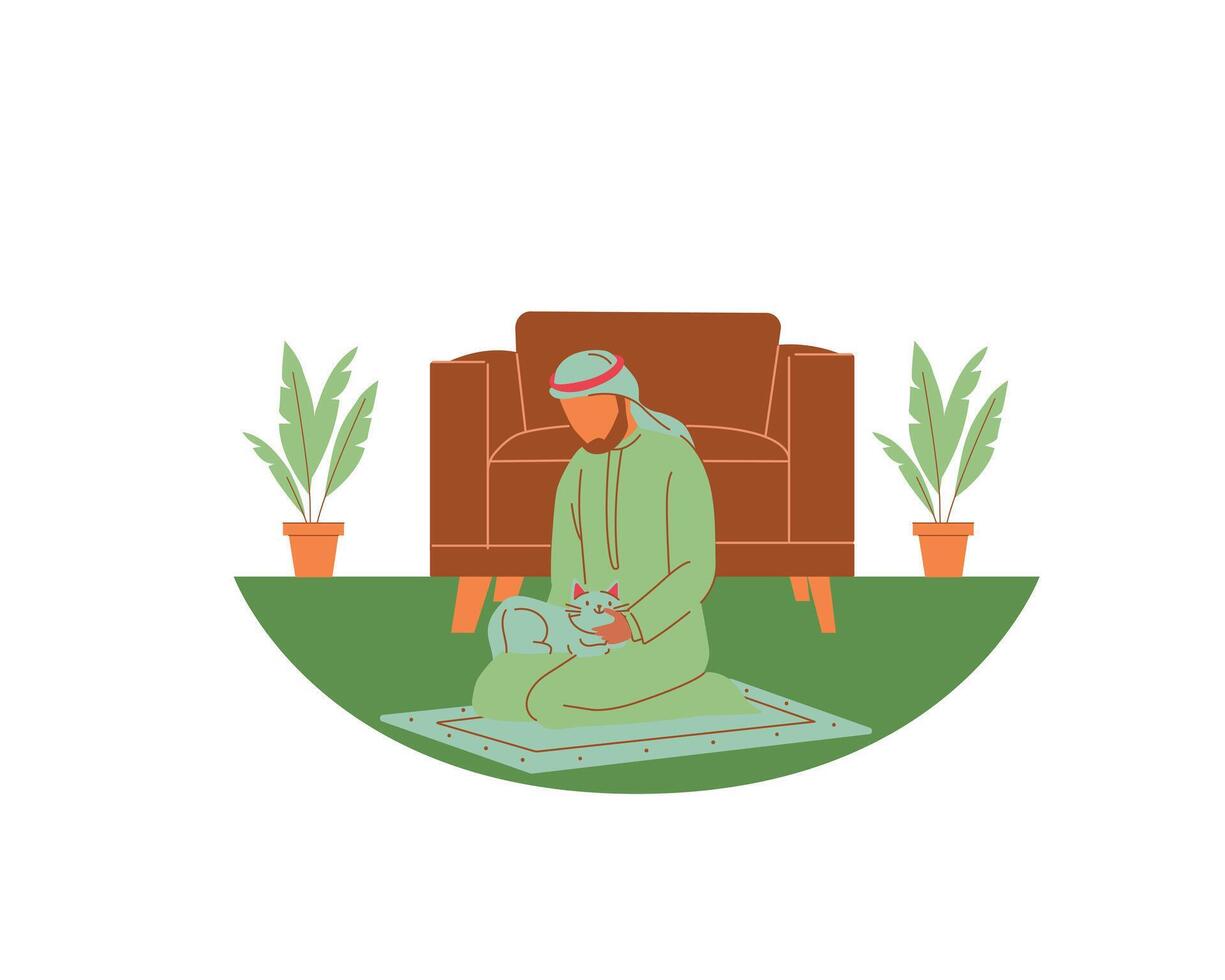 Muslim man with cat at home. Animal fostering and adoption act concept and design. Vector illustration in flat style.