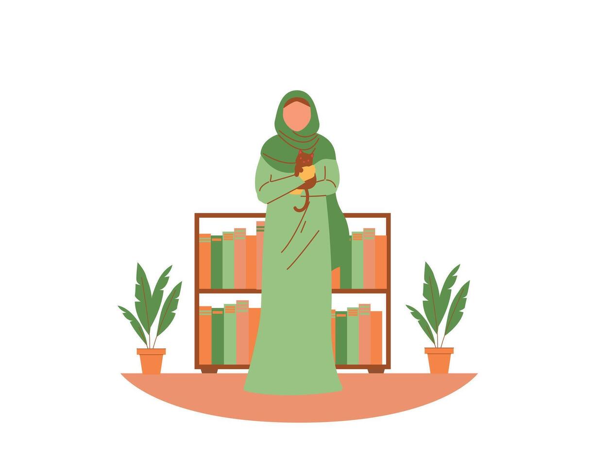 joven moderno musulmán mujer en hijab en pie en el biblioteca participación un gato como un mascota. plano estilo vector ilustración. animal Fomentando y adopción concepto