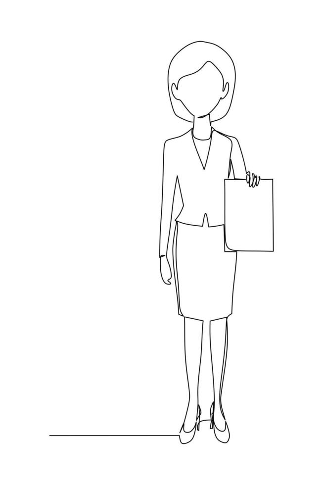 one continuous line drawing of a young executive businesswoman showing a paper. Concept single line hand drawn style design vector graphic design