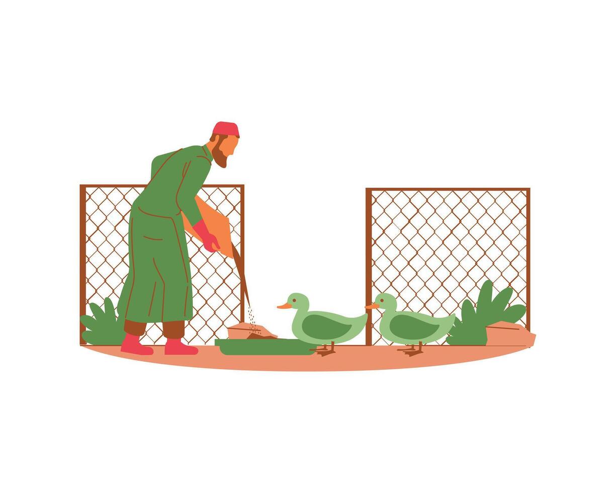 Arab young man gardener feed the ducks. Animal fostering and adoption illustration and concept. Vector illustration for animal and nature life