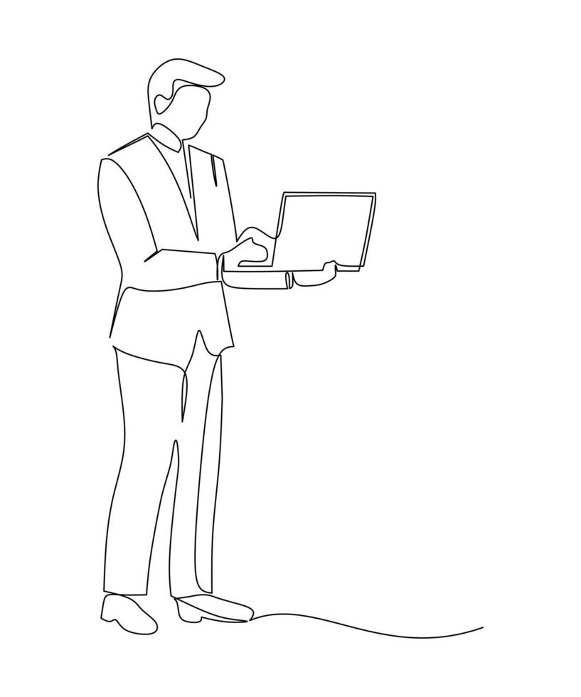 Single one line drawing of young smart business man with suit standing while holding a laptop. Business concept. Modern continuous line draw. Minimal design graphic vector illustration