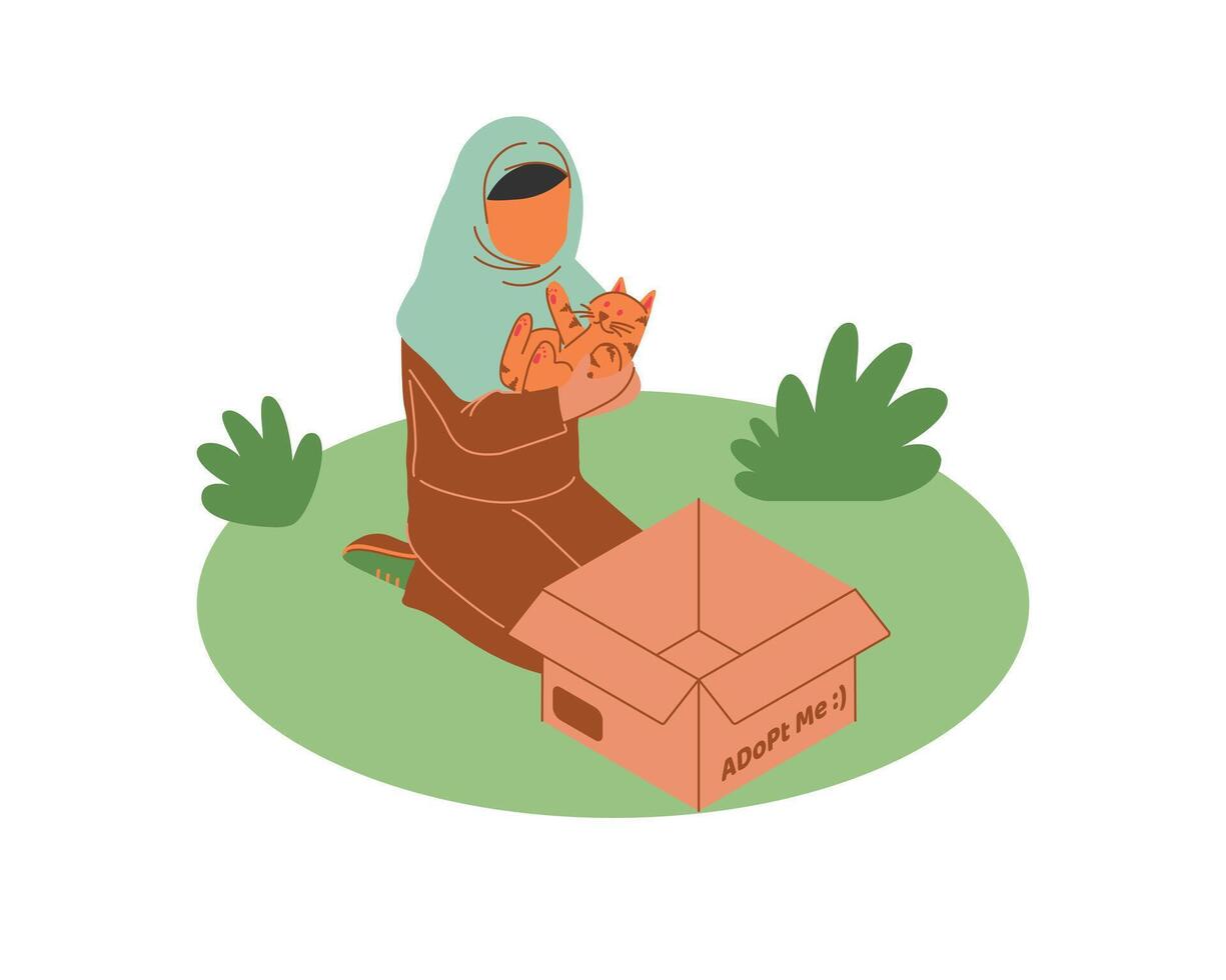 musulmán mujer con un gato en un caja. animal cuidando adopción y Fomentando plano vector ilustración.