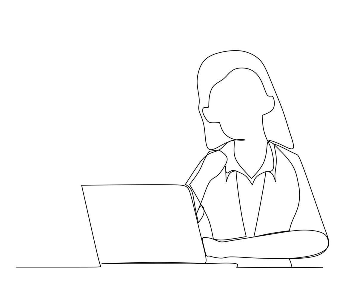 Continuous line drawing of young female employee sitting on her chair and thinking of solution for her unfinished work. Think smart concept. Trendy single line draw design vector graphic illustration