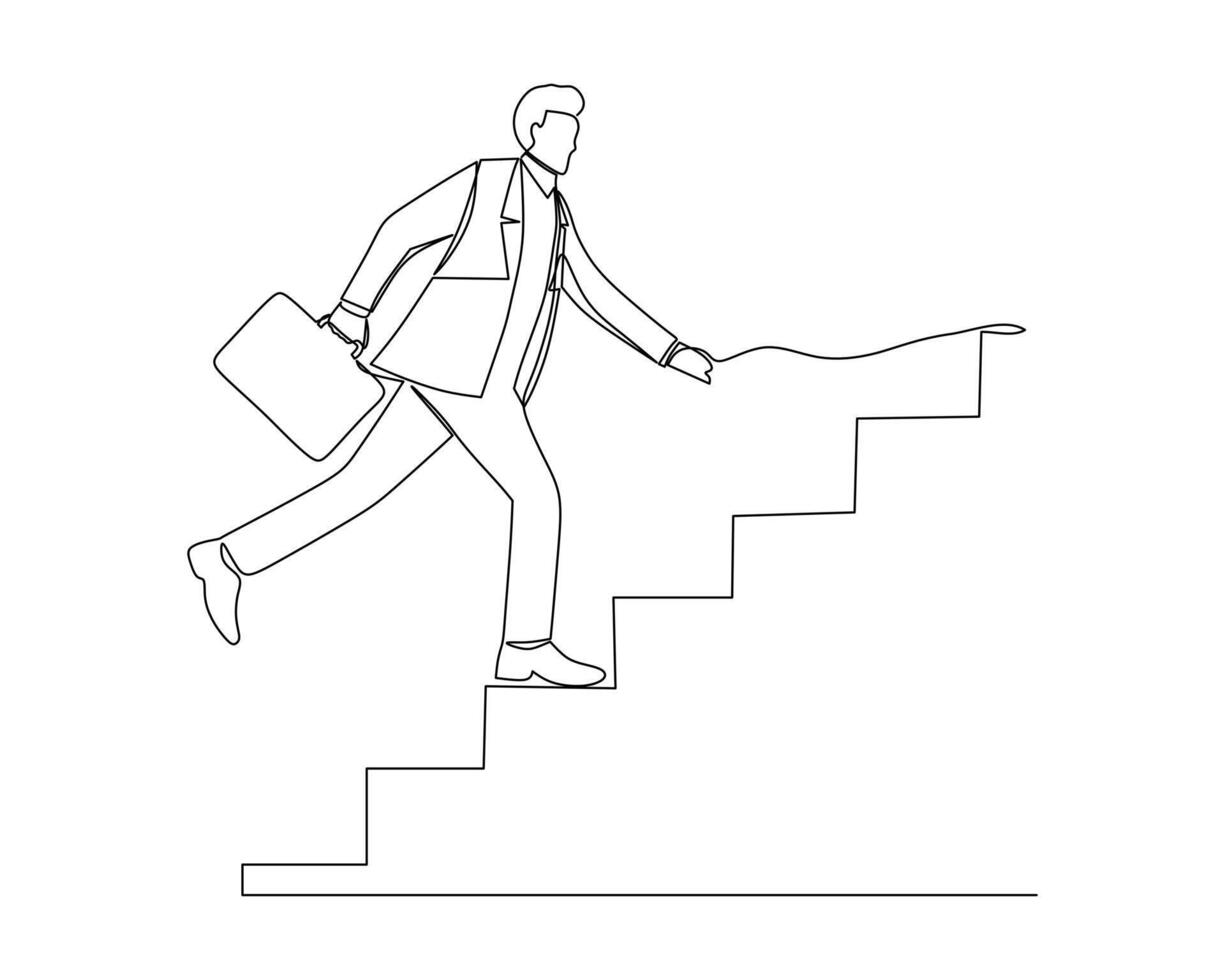 Continuous one line drawing businessman with arrow is running towards his goal, motivation is advancing, path to achieving goal is high, through stairs, steps of achievement. Single line design vector