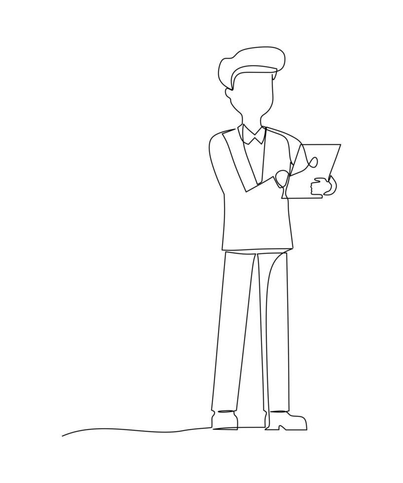 Single continuous line drawing of young business man standing while holding tablet and thinking about business strategy at the office. Business idea concept one line draw design vector illustration