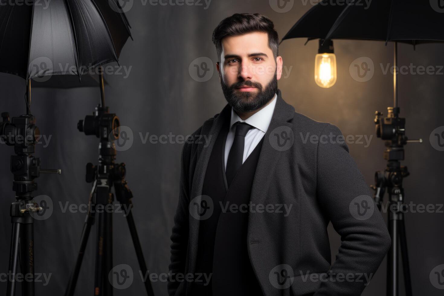 AI Generated Portrait handsome confident stylish Caucasian man male guy fashion model posing elegant clothes looking digital camera modern studio taking photo. Professional photographer session photo