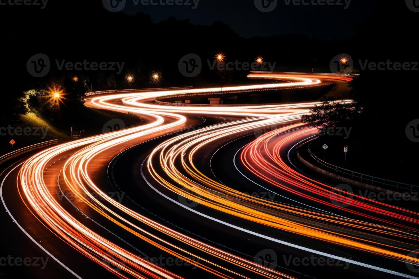 AI Generated Night city traffic blurred cars long exposure lights evening highway lane movement fast transit car motion auto illuminated vehicle transportation street high speed light trails abstract photo