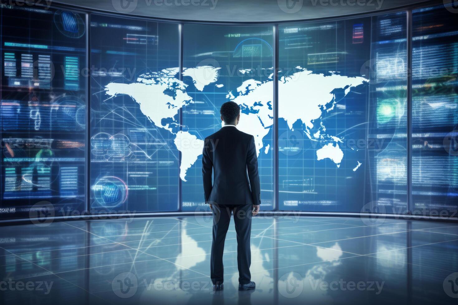 AI Generated Modern european american businessman standing in cyberspace business man scientific internet abstract planet earth map background web connection technology augmented virtual reality ar vr photo