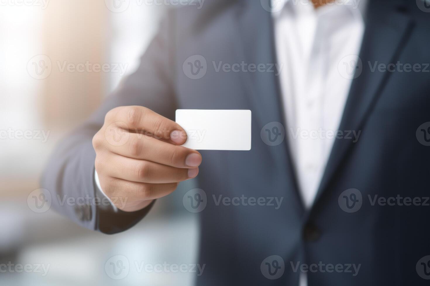 AI Generated Close up male hand unrecognizable man businessman in formal suit employer unknown entrepreneur lawyer arm holding empty blank white business card at city cityscape background evening photo