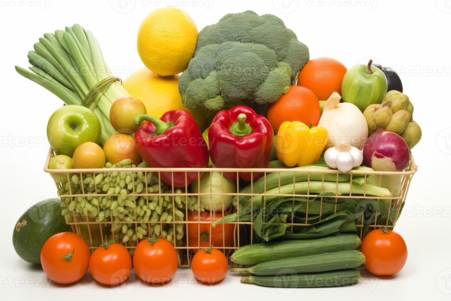 AI Generated Grocery store cart basket fresh vegetables shopping fruits natural farmer diet groceries food freshness handful clean cultivated juicy vegetable fit organic healthy vitaminized products photo