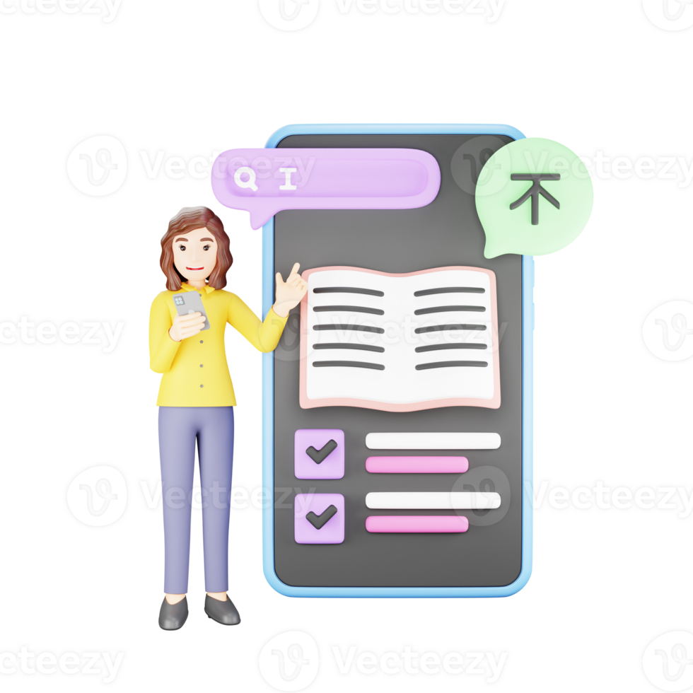 Online Dictionary App - 3D Character Illustration for Language Learning png