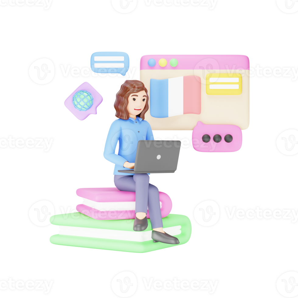 Girl Learning French from Online Course - 3D Character Illustration png