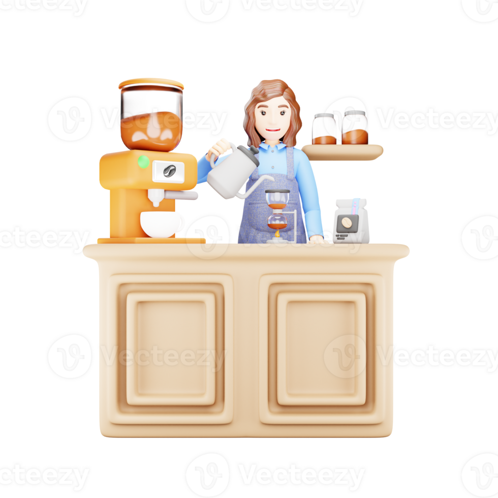 Young Girl Making Coffee on Burner - 3D Cartoon Illustration for Coffee Lovers png