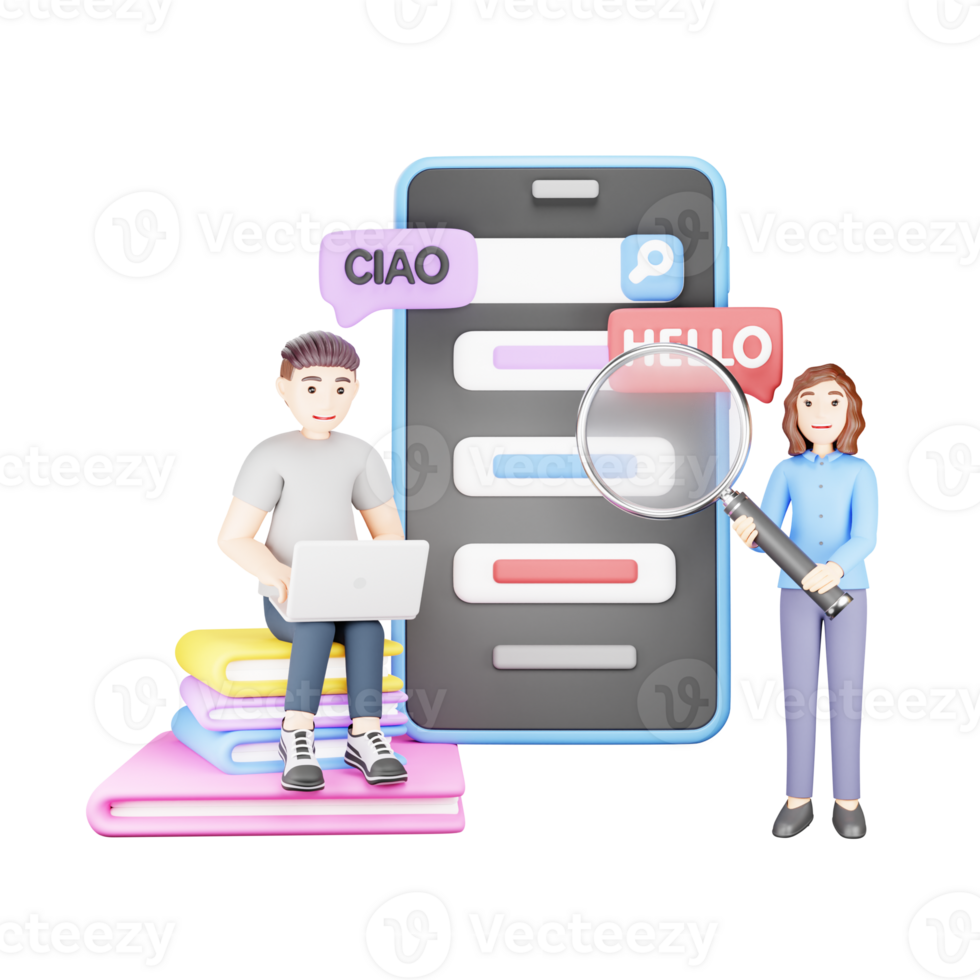 Man Exploring Foreign Language on Mobile App - 3D Character Illustration png