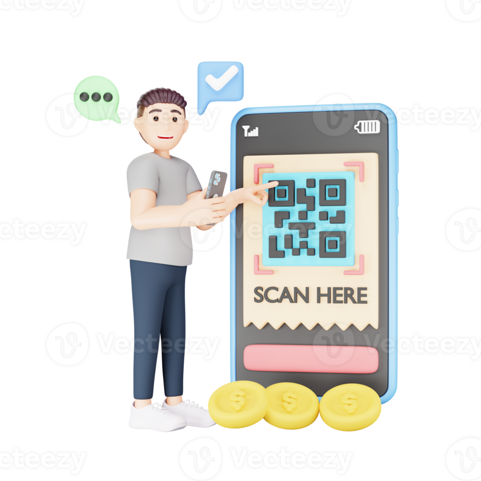 Digital Illustration of 3D Character Scanning QR Code on Smartphone png