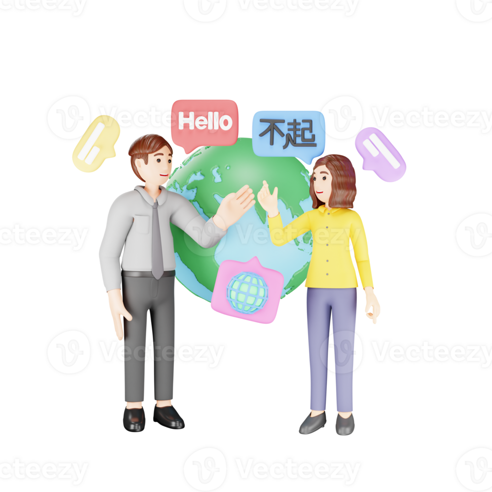 Multicultural Communication - 3D Characters Speaking in Foreign Languages - Cartoon Illustration png