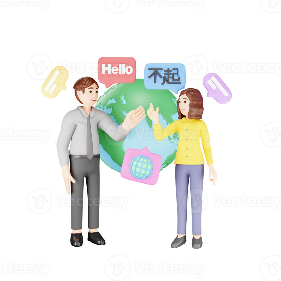 mångkulturell kommunikation - 3d tecken tala i utländsk språk - tecknad serie illustration png