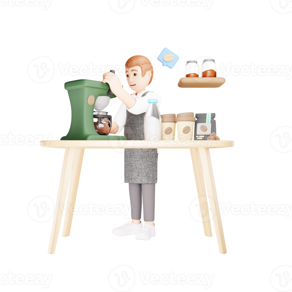 3D Character Making Coffee in Mixer - Barista Skills Illustration png