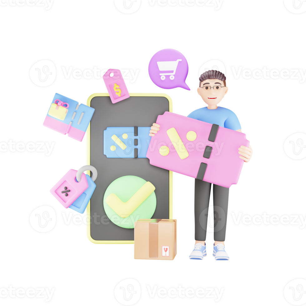 Man Claims a Shopping Voucher - 3D Cartoon Character Illustration png