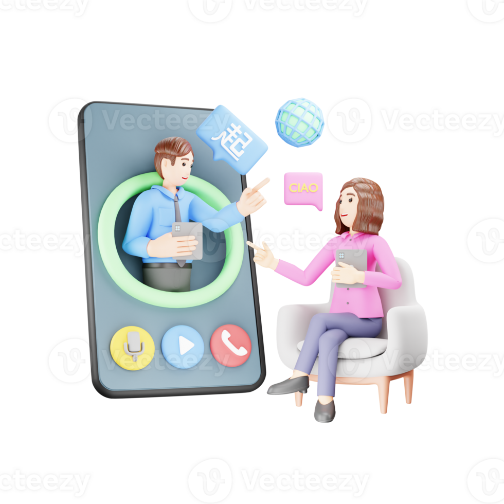 3D Character Illustration - Girl Learning Foreign Language with Mobile App png