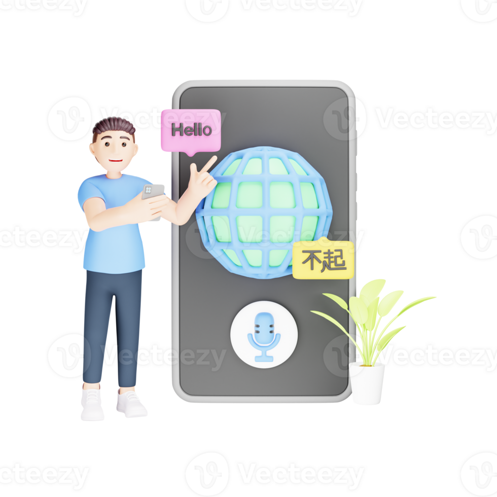 Man Using Mobile Translator App - 3D Character Illustration for Multilingual Communication png