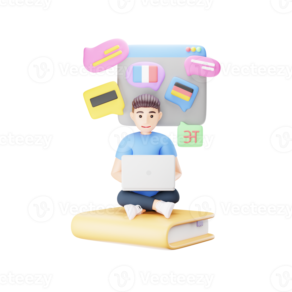 Man Learning Foreign Language Online - 3D Character Illustration png