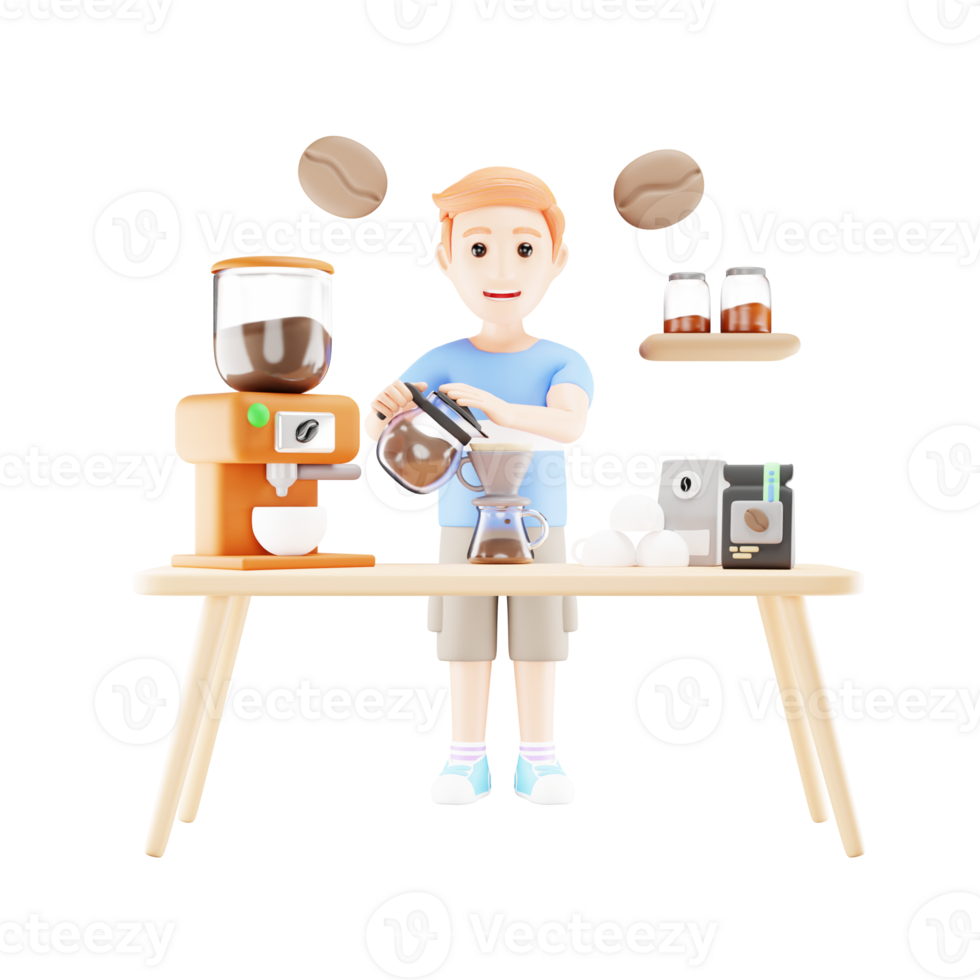 3D Cartoon Character Illustration of a Young Boy Making Coffee png