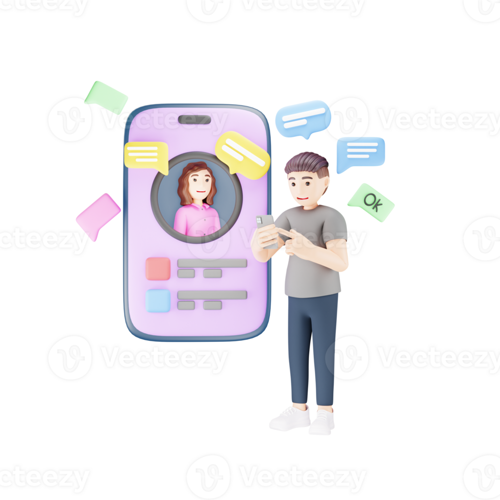Man Learning Language with Mobile App - 3D Character Illustration png