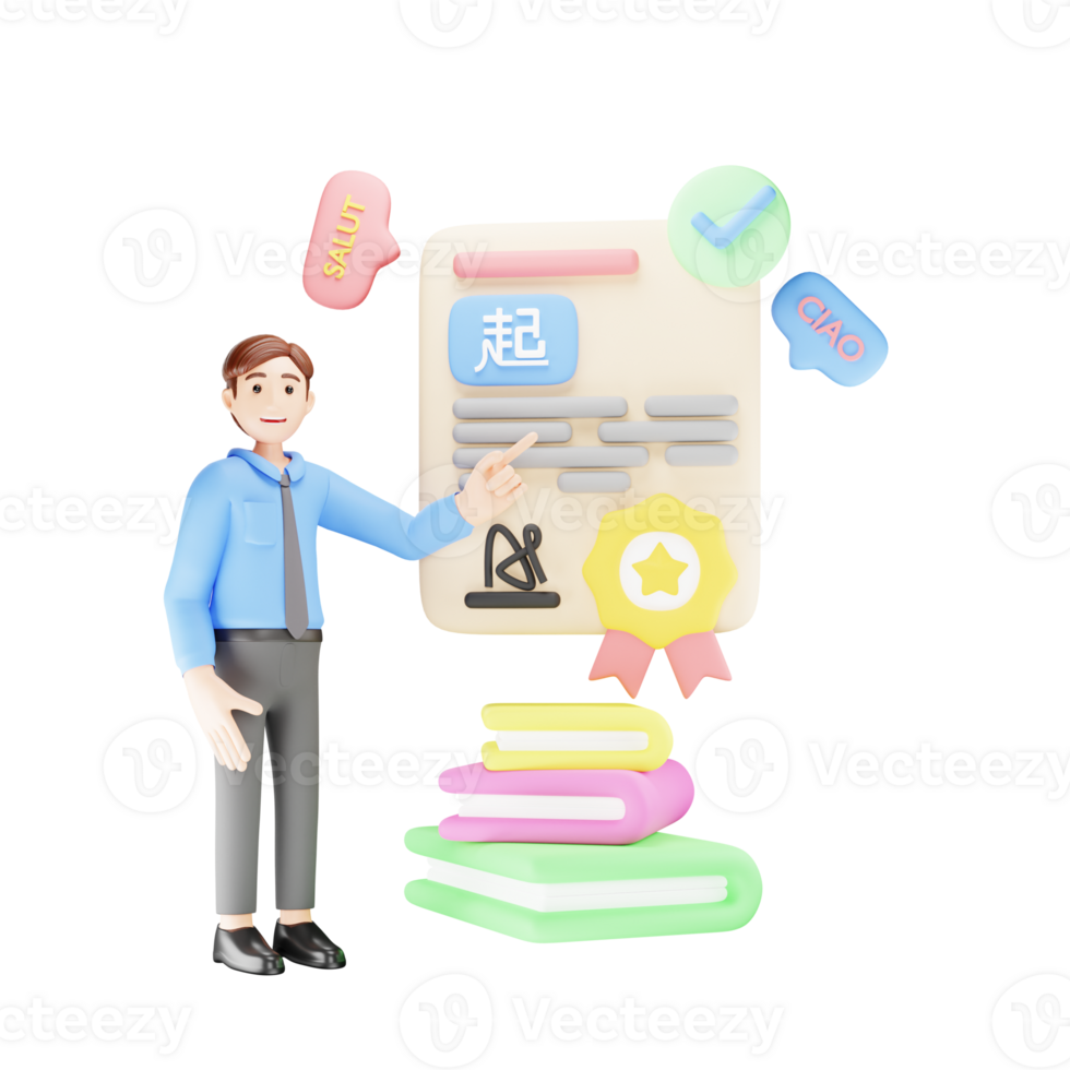3D Character Illustration - Boy Receiving International Language Certificate png