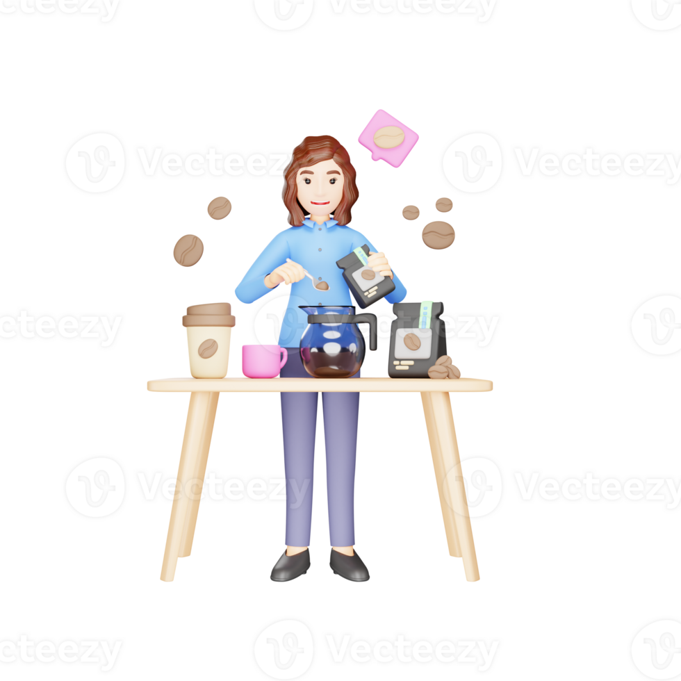Girl Making Coffee in 3D Cartoon Jug - Character Illustration png