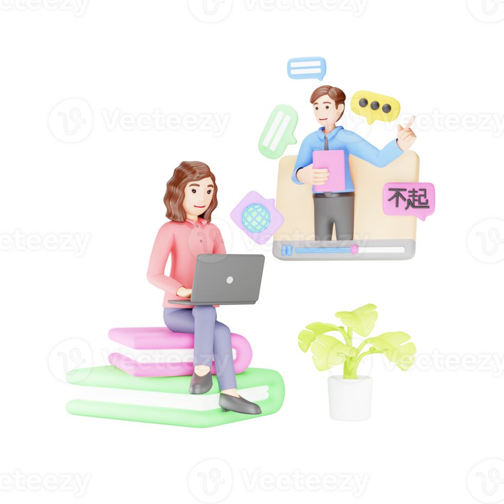 Virtual Language Learning - 3D Character Woman with Online Tutor - Educational Illustration png