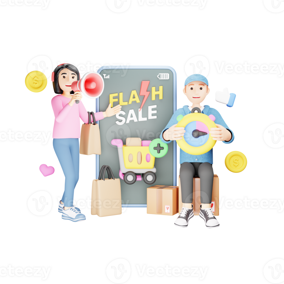 Online Shopping Flash Sale - 3D Character Illustration of E-commerce Discount Event png