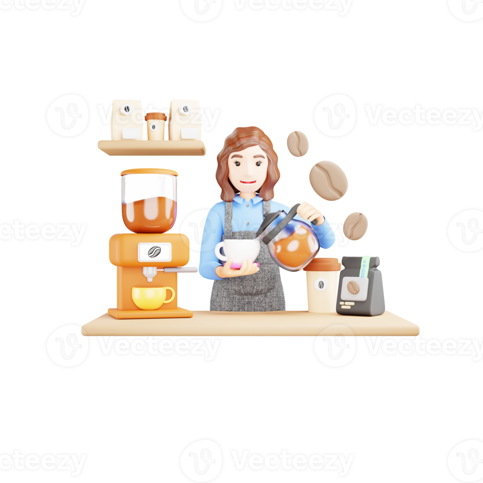 3D Character Girl Pouring Coffee into Cup - Cartoon Illustration png