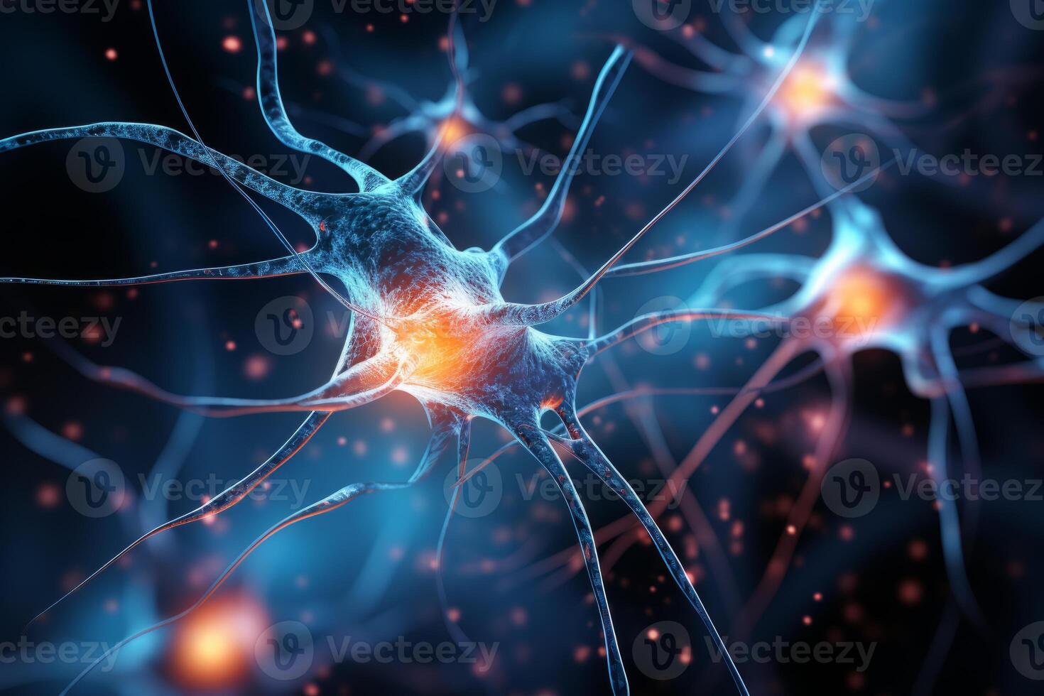AI Generated Neuron cells neural network under microscope neuro research science brain signal information transfer human neurology mind mental impulse biology anatomy microbiology intelligence photo
