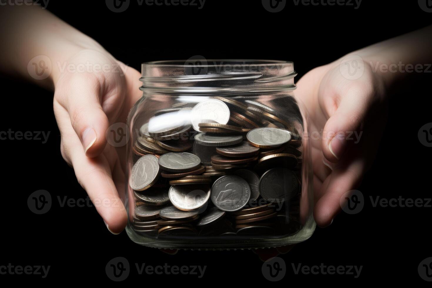AI Generated Hand putting coins into full glass jar put save money future investment saving cost financial plans currency inflation volatility coin economy funding calculating expenses budget planning photo
