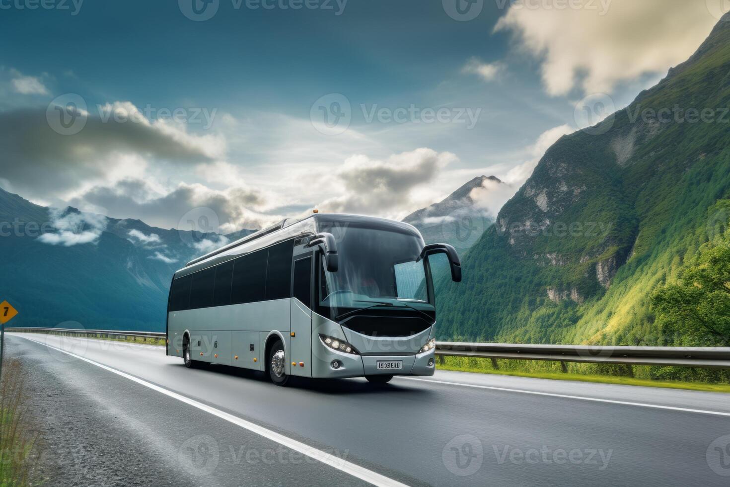 AI Generated Touristic coach bus on highway road intercity regional domestic transportation driving urban modern tour traveling travel journey ride moving transport concept public comfortable photo