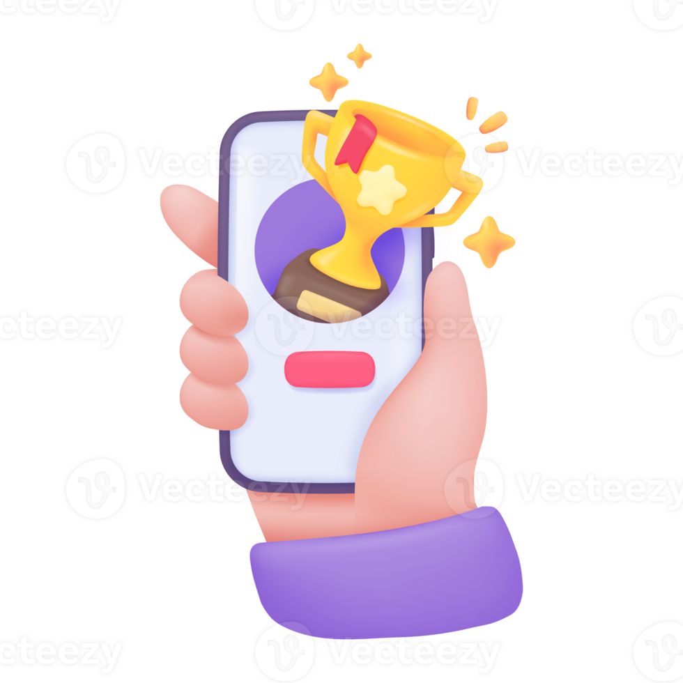 3D Trophy. Gold trophy with stars for congratulating winners in sports competitions. png