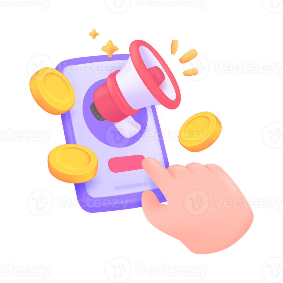 3D megaphone flying from a mobile phone with gold coins online marketing ideas Advertisements. png